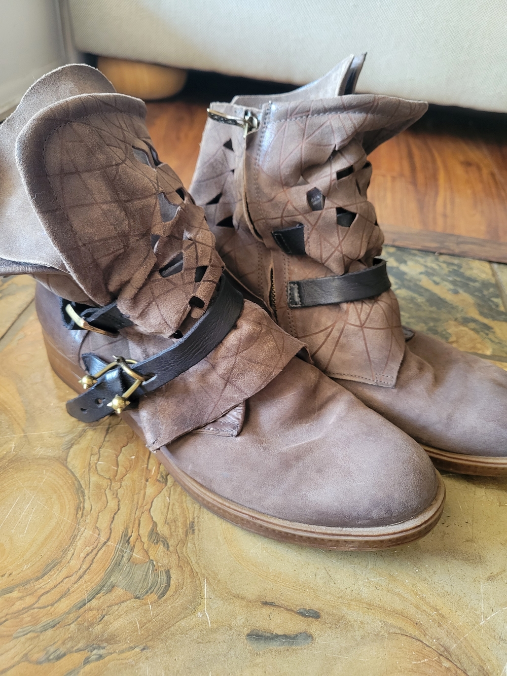 A.S.98 Airstep Italian Leather/Suede Buckle Ankle Boots With Geometric Cutouts